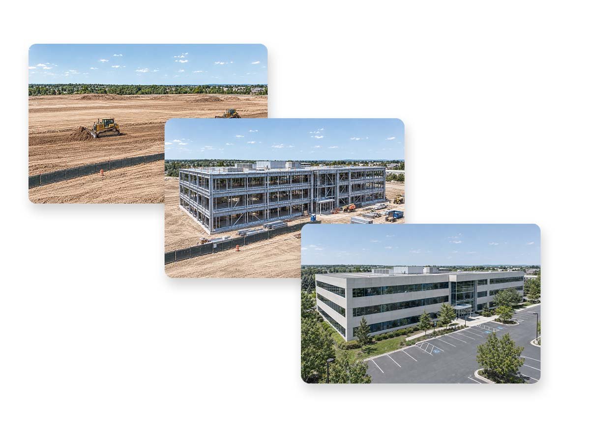 Cloud video timeline showing construction site progress from groundbreaking to completion