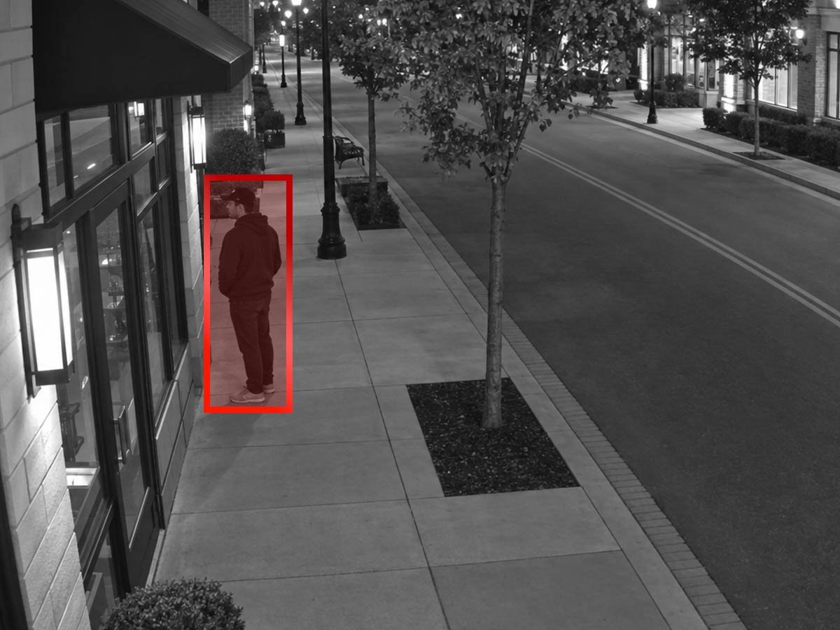 AI video monitoring detection boxes on security camera footage.