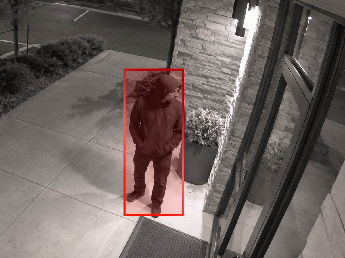 Remote surveillance detecting loitering near a property entrance after hours.