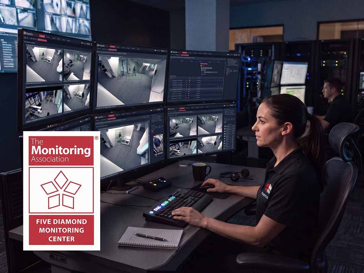 Remote camera monitoring specialist watching a multi-screen security workstation.