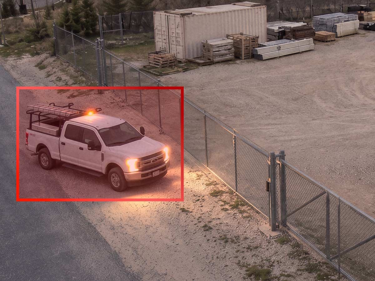 Remote surveillance camera covering an outdoor property perimeter.